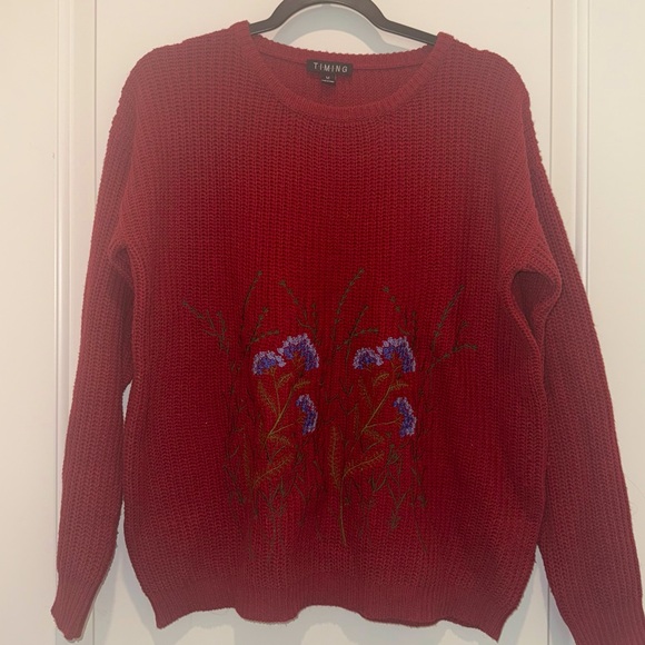 Forever 21 Sweaters - Forever 21 Red Embroidered Flower Crewneck Sweater